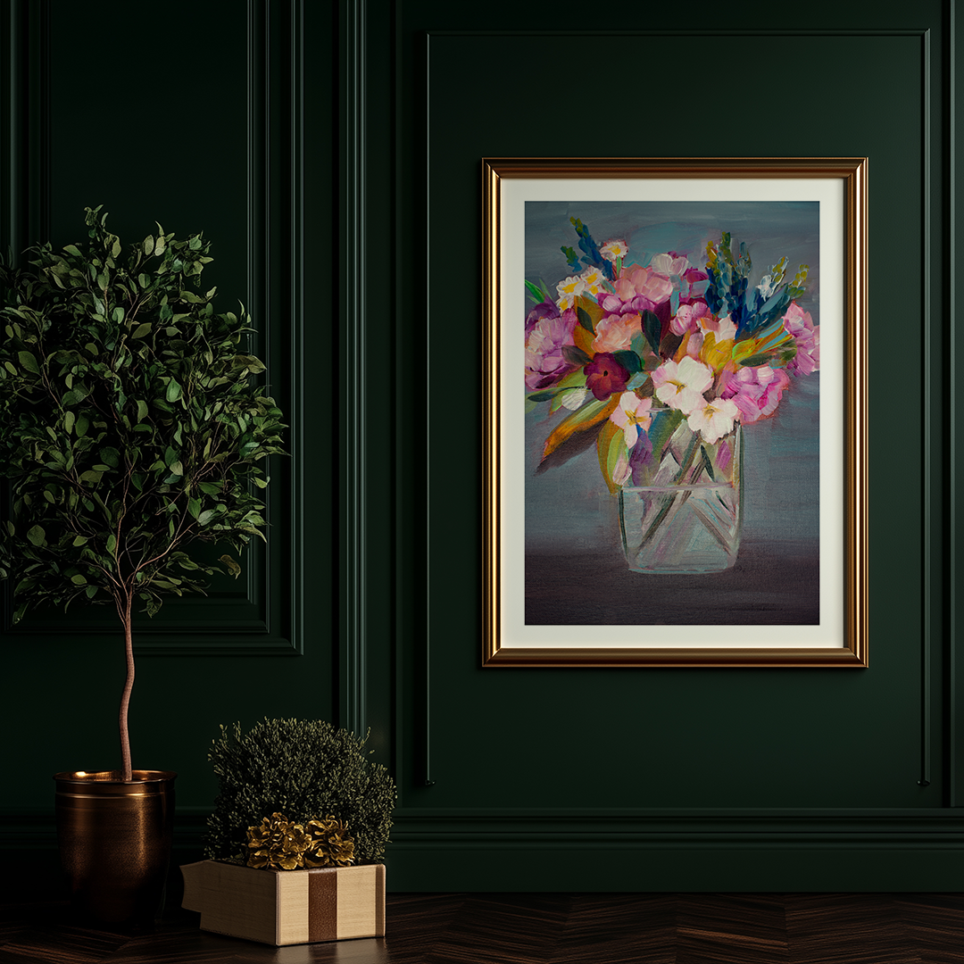 Vintage Bunches painting hanging on a dark green wall in a gold vitage frame.
