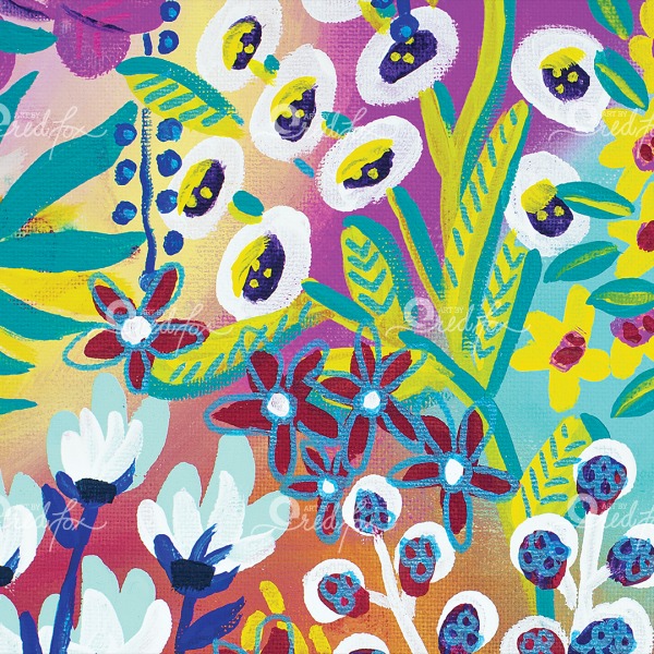 Close up of a selection of the Flinging Flowers artwork.