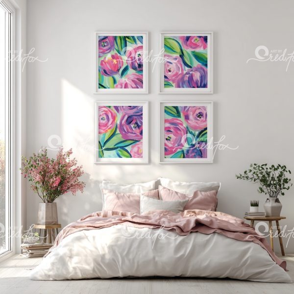 Flower Tower Procuct Preview - Set of 4, hung on a coordinating wall above a beautiful bedroom set.