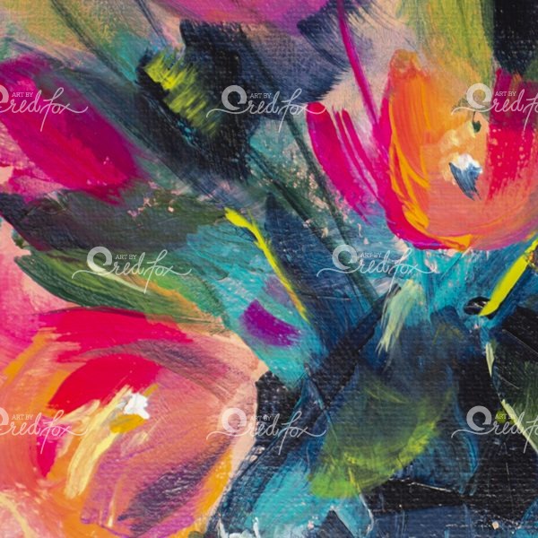 Close up of the acrylic painting Hot and Simmering. Wild pinks and blues are pulled across the canvas.