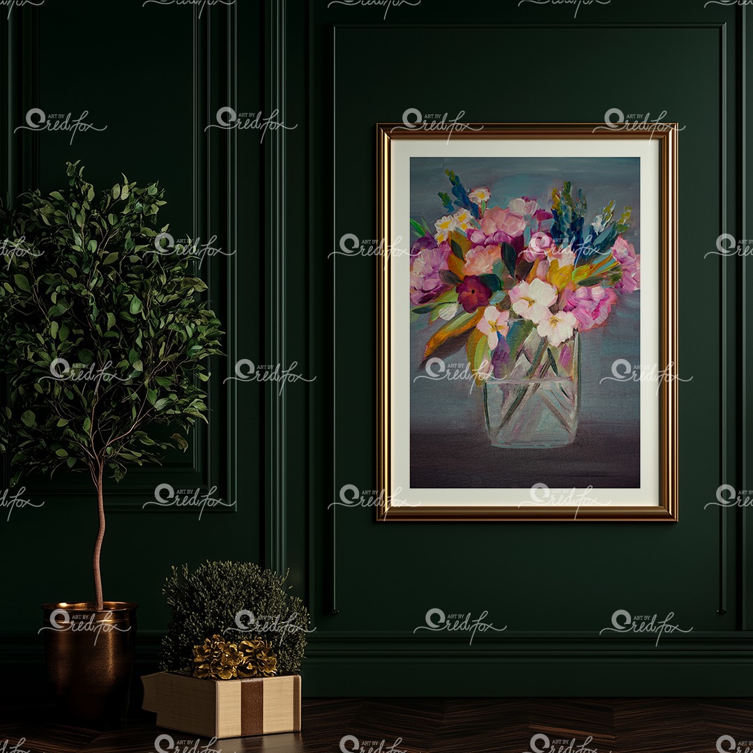 Vintage Bunches painting hanging on a dark green wall in a gold vitage frame.